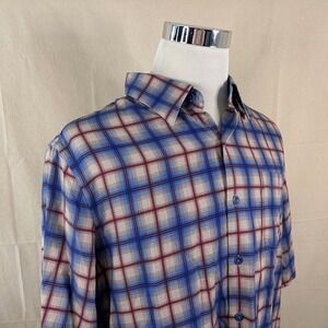 Nat Nast Large Luxury Lounge Shirt Silk Blend Blue Red Plaid Short Sleeve Mens